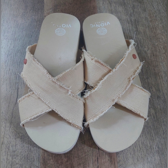 Vionic Shoes - Vionic Panama Sandals Womens Sz 8 Cream Cross Strap Comfort Wedge Slide Beach